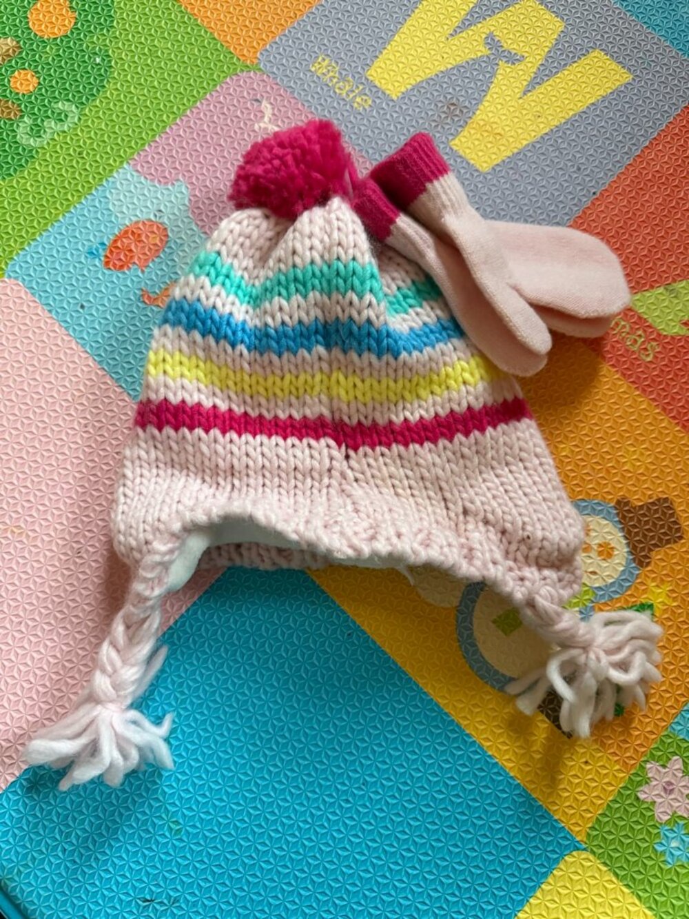 Carter's Baby Hat and Mittens Set 12-24M Pink Rainbow Stripe Pom Pom NWT
